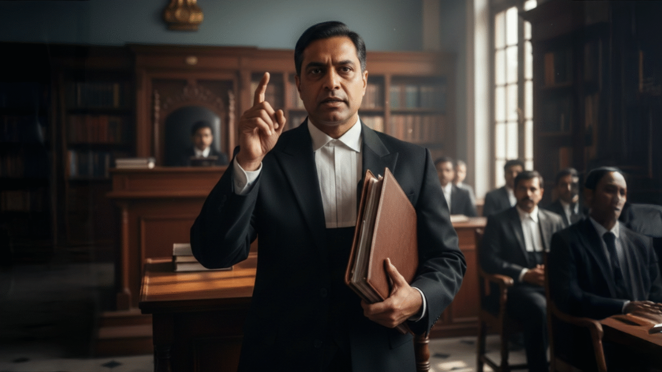A lawyer stands in a courtroom, raising one finger while holding case files, with other advocates seated behind him and a judge visible in the background.