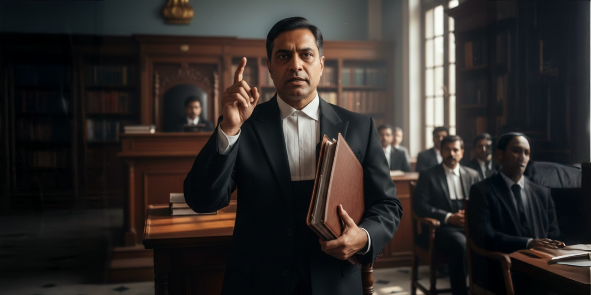 A lawyer stands in a courtroom, raising one finger while holding case files, with other advocates seated behind him and a judge visible in the background.